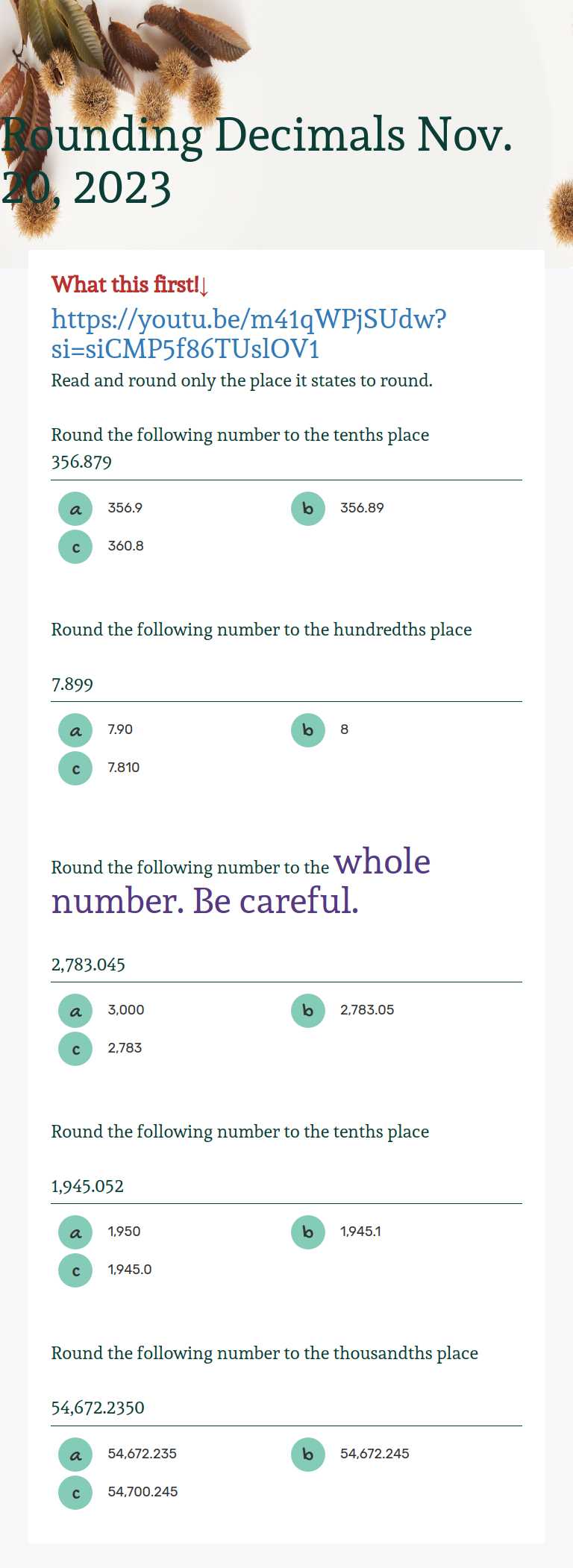 Rounding Decimals Nov. 20, 2023 Grade 5 worksheet preview