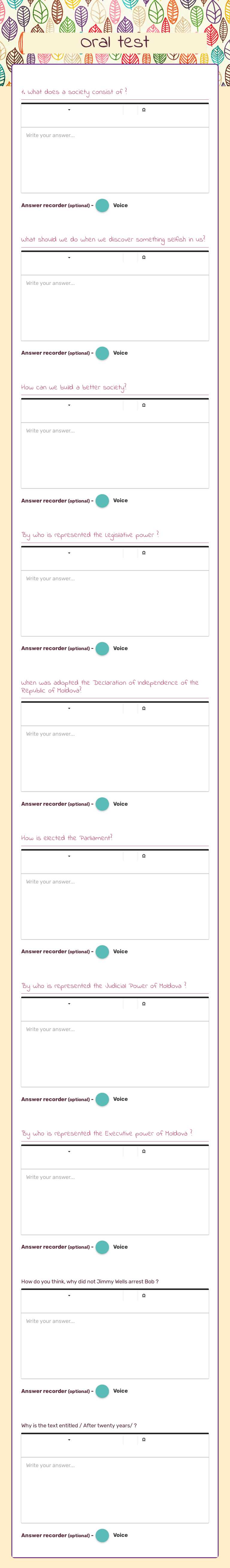 Oral test worksheet preview image