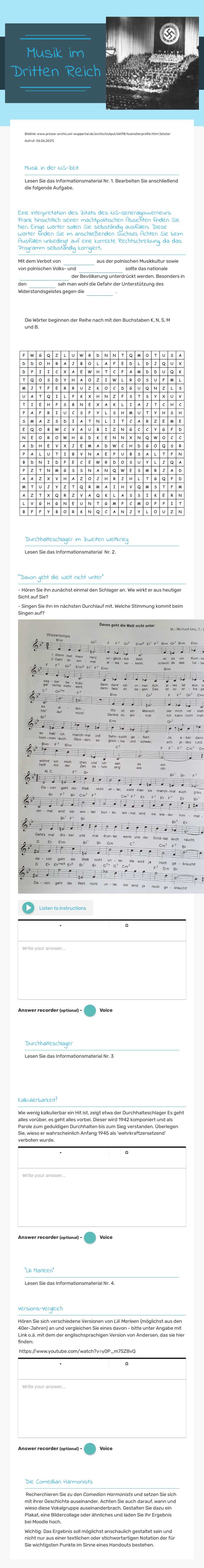 Musik im Dritten Reich worksheet preview image