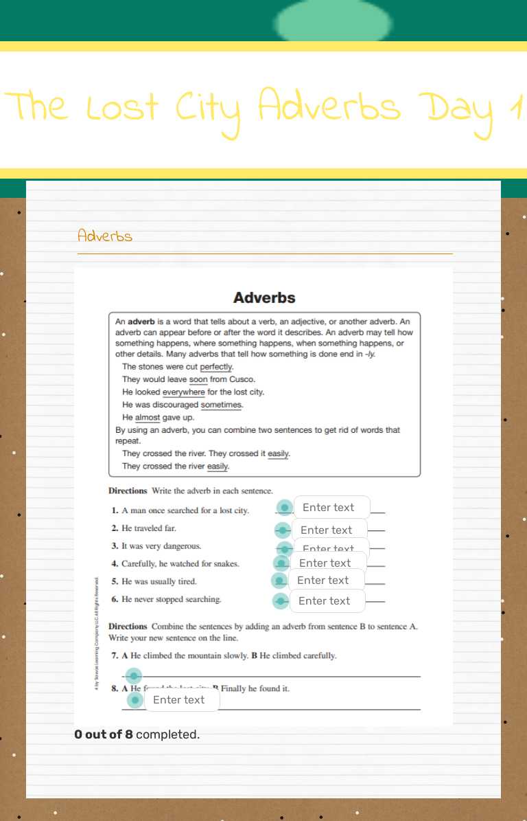 The Lost City Adverbs Day 1 worksheet preview image