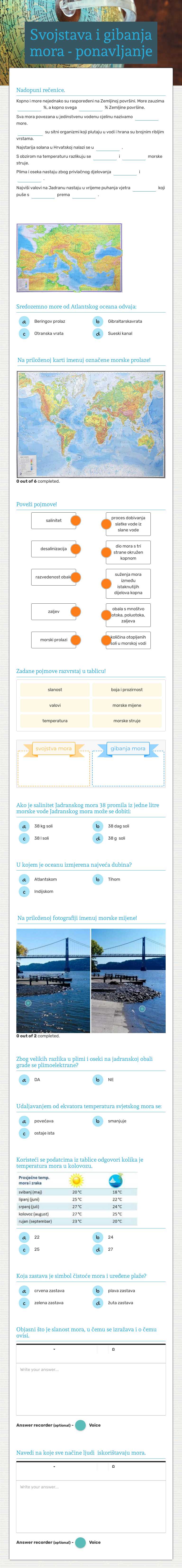 Svojstava i gibanja mora - ponavljanje worksheet preview image