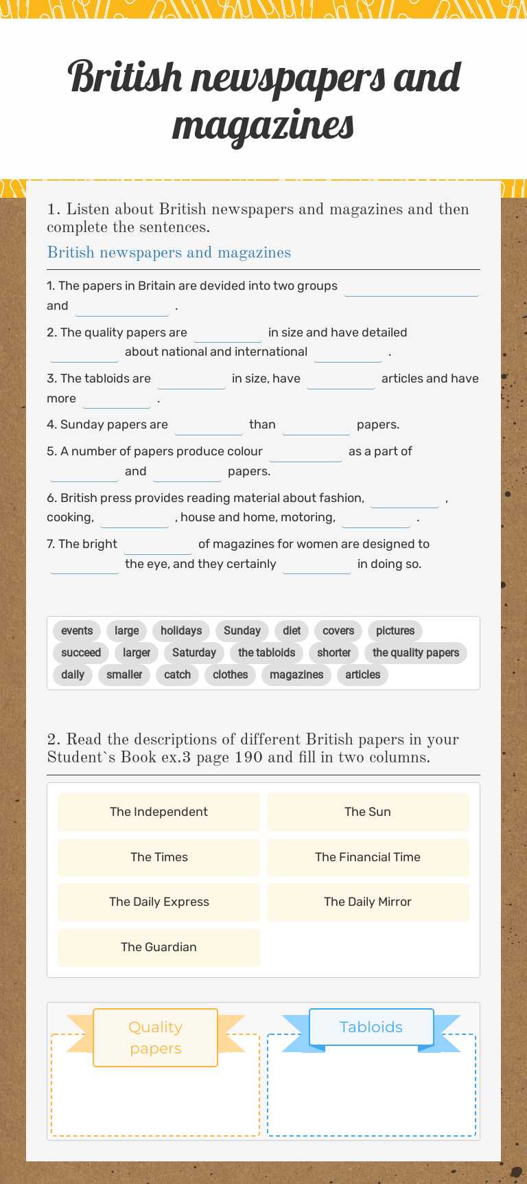 British newspapers and magazines worksheet preview image