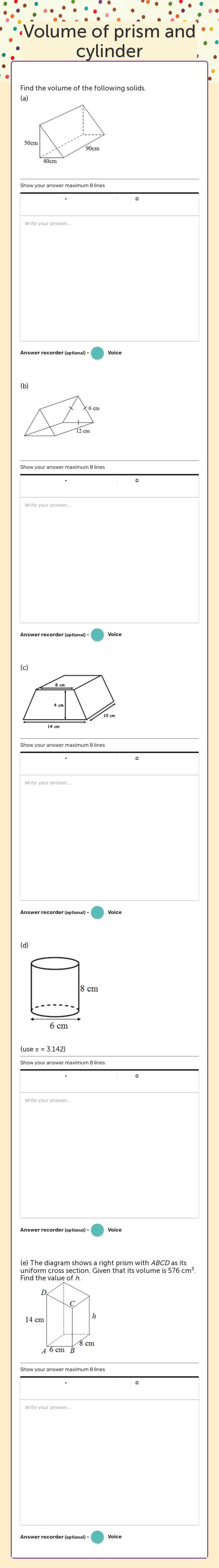 Volume of prism and cylinder Grade 8 worksheet preview