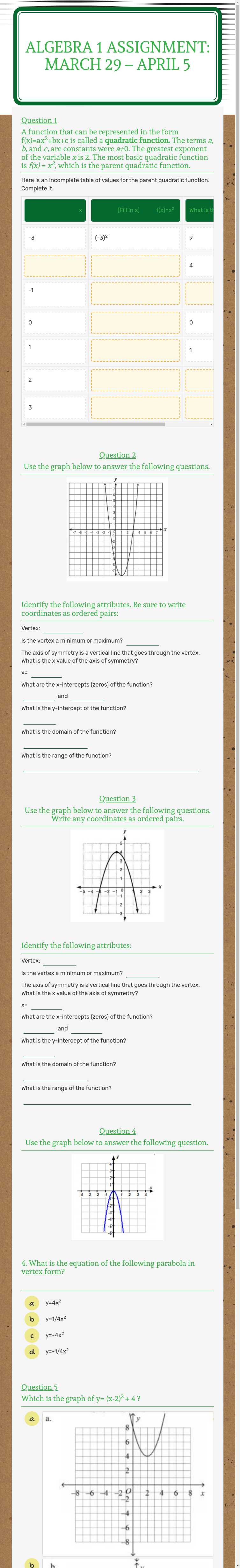 Algebra 1 Assignment: March 29 – April 5 worksheet preview image