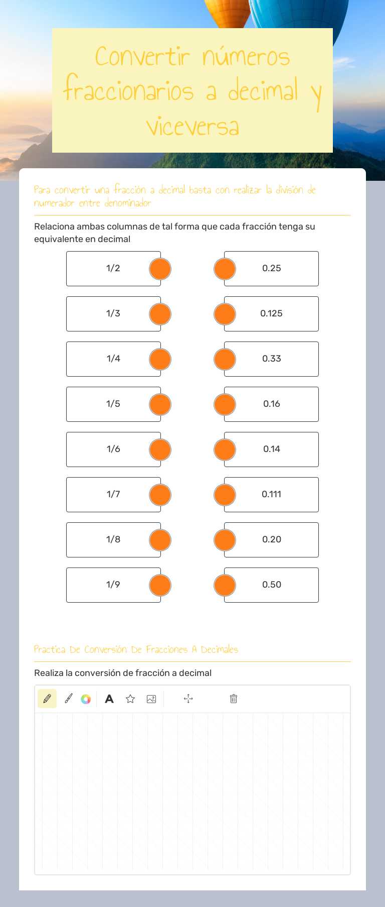 Convertir números fraccionarios a decimal y viceversa worksheet preview image