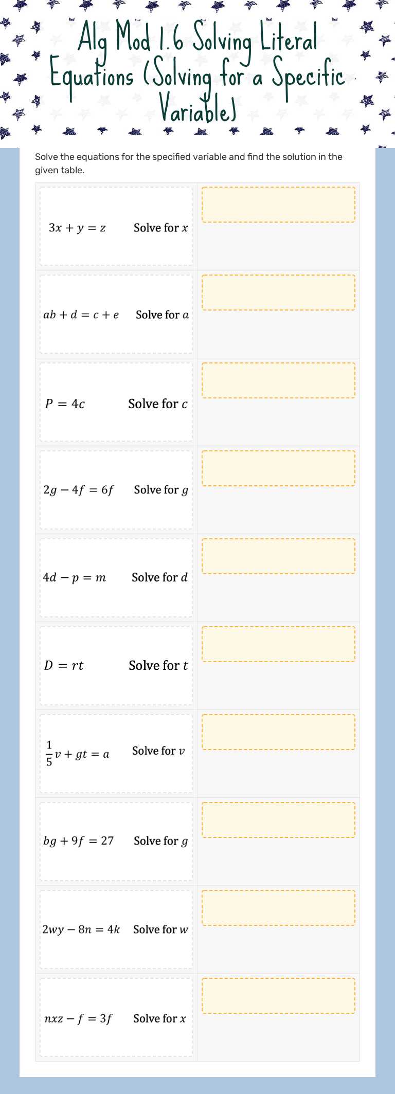 Alg Mod 1.6 
Solving Literal Equations 
(Solving for a Specific Variable) Grade 10 worksheet preview
