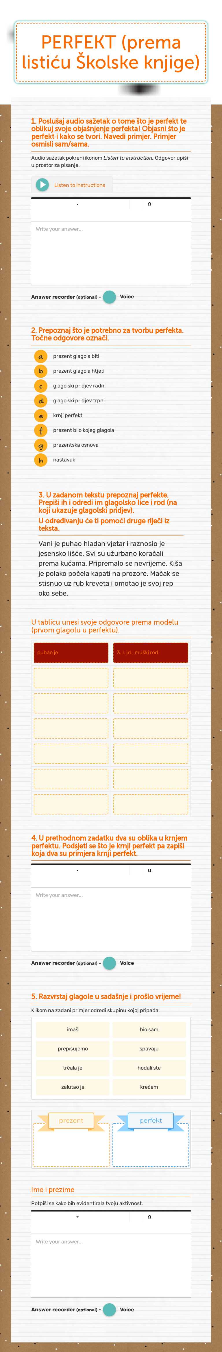 PERFEKT (prema listiću Školske knjige) worksheet preview image