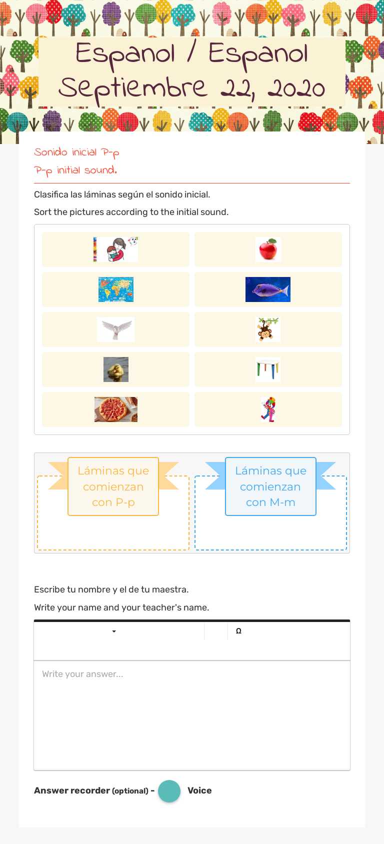 Espanol / Espanol Septiembre 22, 2020 Preschool worksheet preview