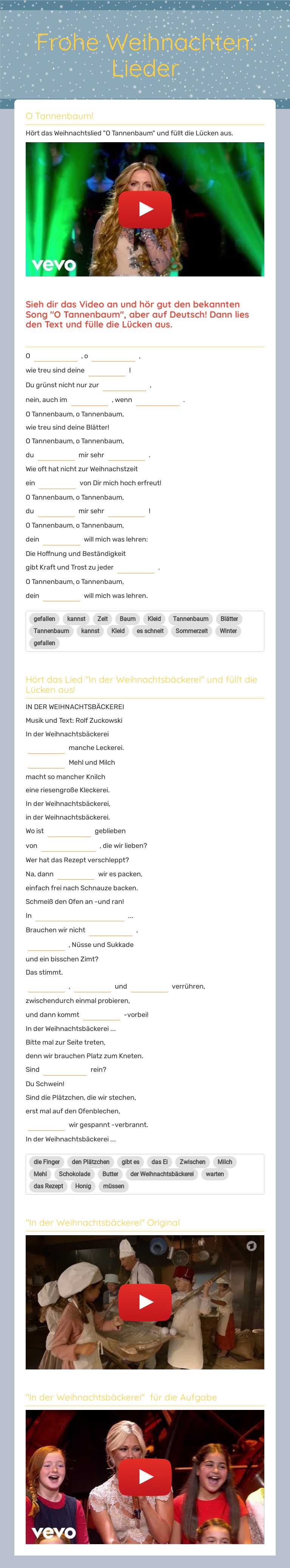 Frohe Weihnachten: 
Lieder Grade 6 worksheet preview