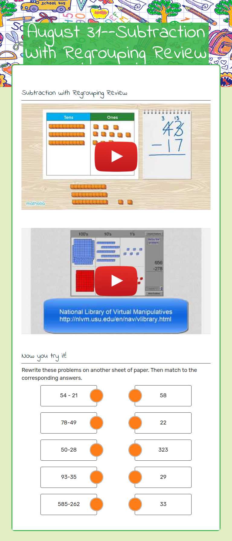 August 31--Subtraction With Regrouping Review worksheet preview image