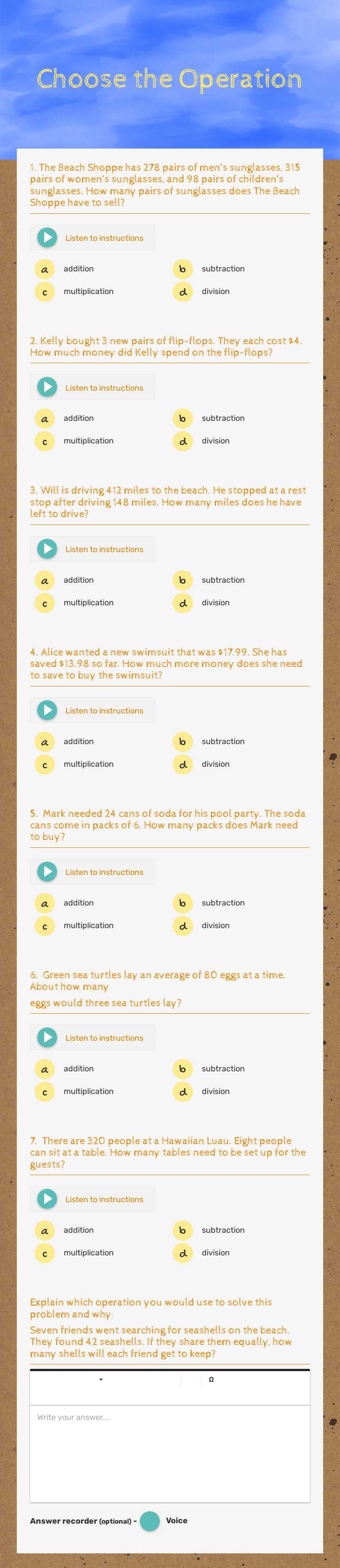 Choose the Operation Grade 3 worksheet preview