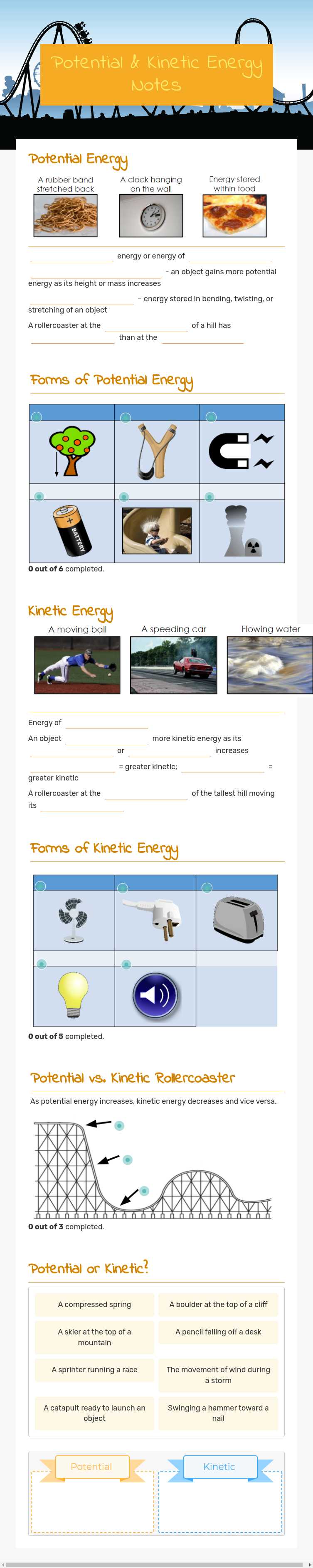 Potential & Kinetic Energy Notes worksheet preview image
