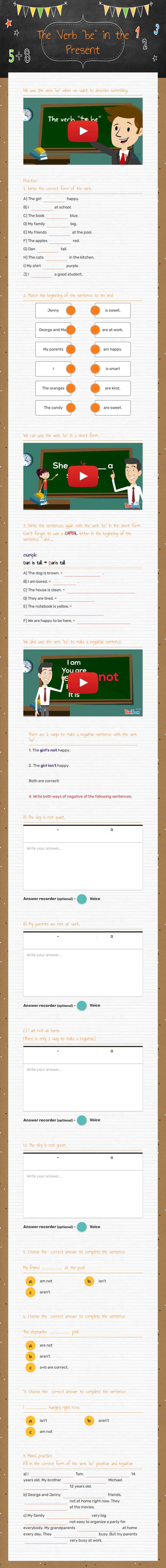 The Verb "be" in the Present Grade 8 worksheet preview