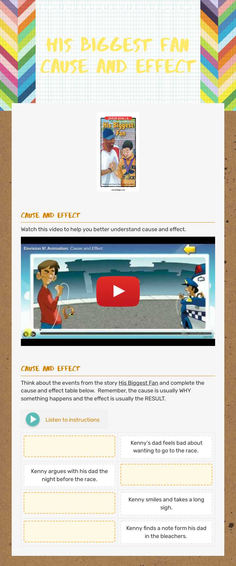 His Biggest Fan   Cause and effect worksheet preview image