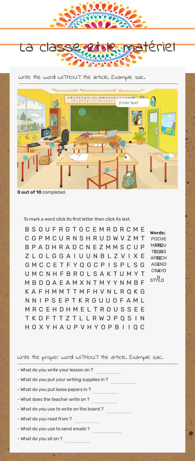 La classe et le matériel Grade 6 worksheet preview