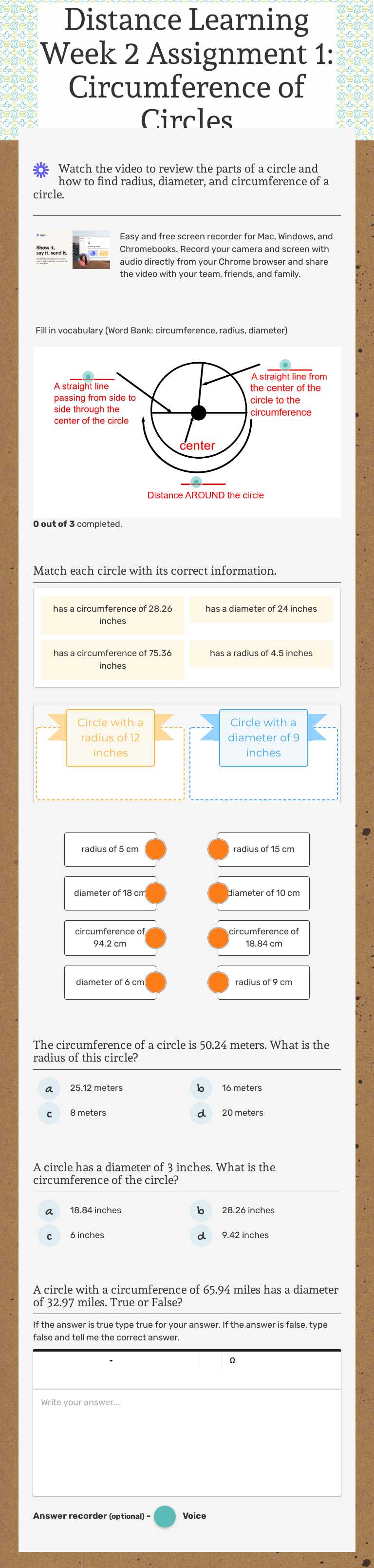 Distance Learning Week 2 Assignment 1: Circumference of Circles worksheet preview image