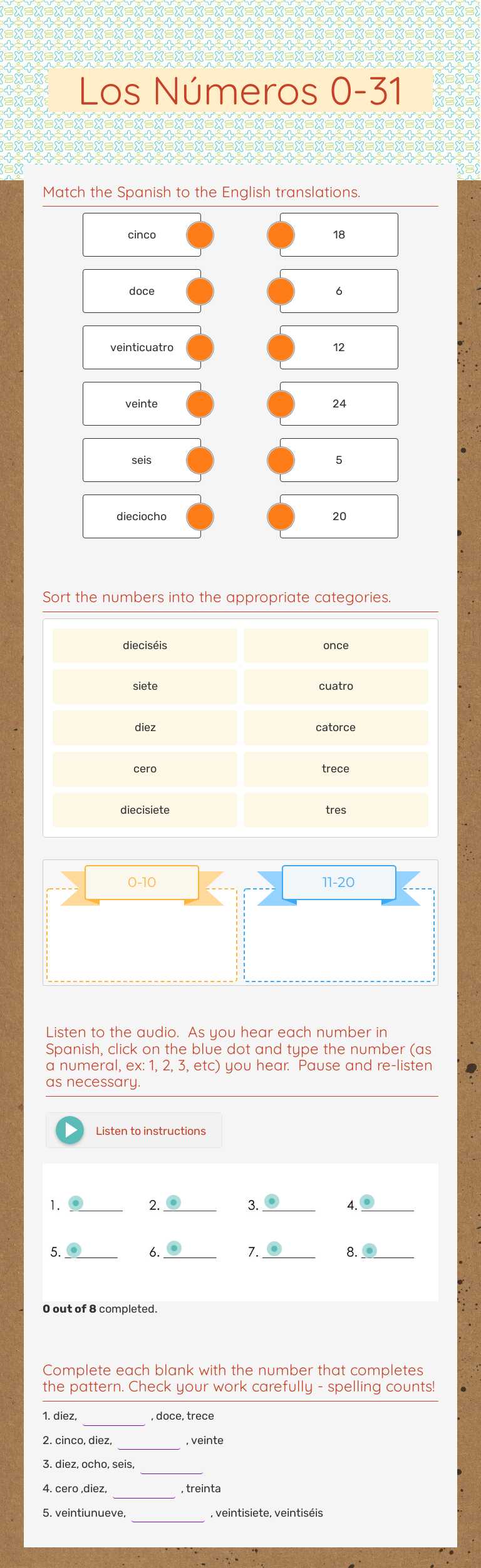 Los Números 0-31 worksheet preview image