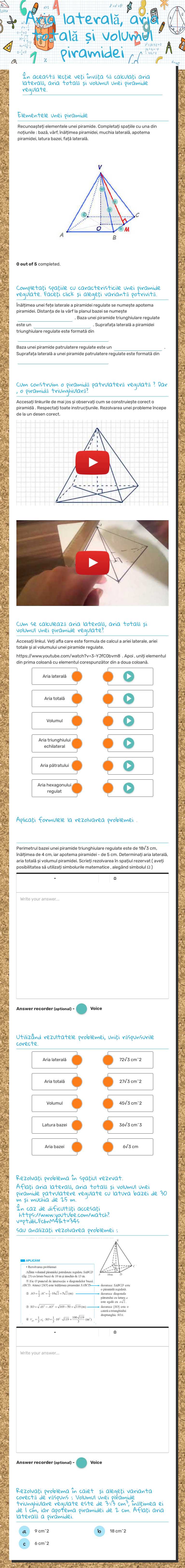 Aria laterală, aria totală și volumul piramidei worksheet preview image