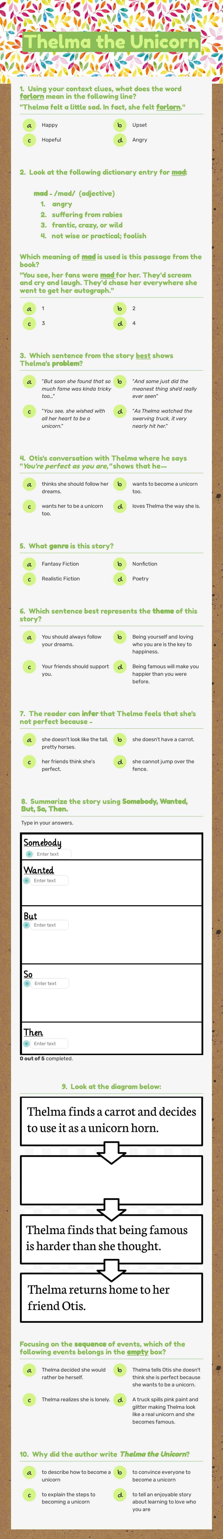 Thelma the Unicorn Grade 3 worksheet preview