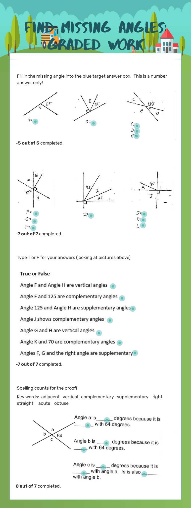 Find Missing Angles:   
 Graded Work worksheet preview image