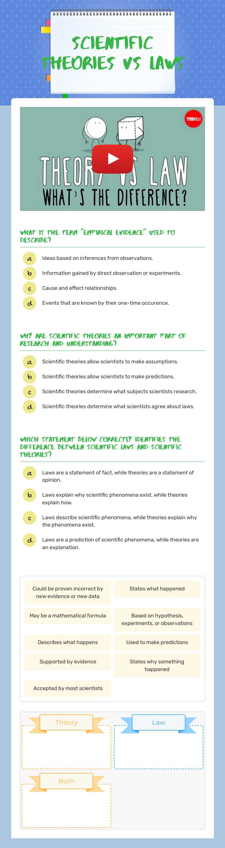 Scientific Theories vs Laws worksheet preview