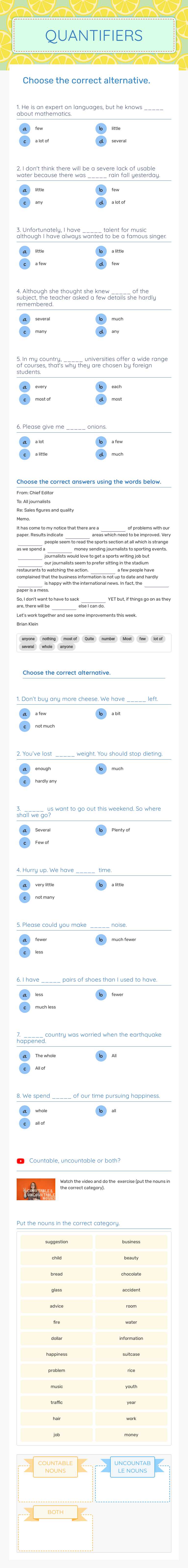 QUANTIFIERS Grade 11 worksheet preview