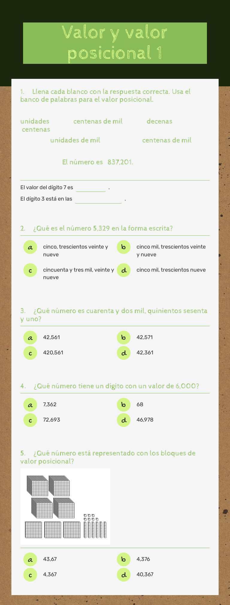 Valor  y  valor posicional 1 worksheet preview