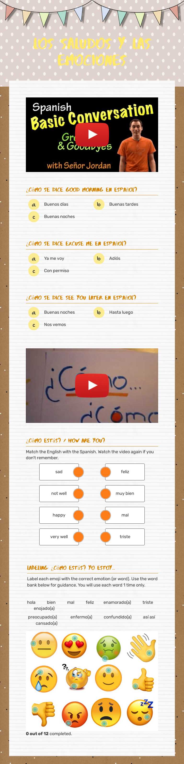 Los saludos y las emociones Grade 6 worksheet preview