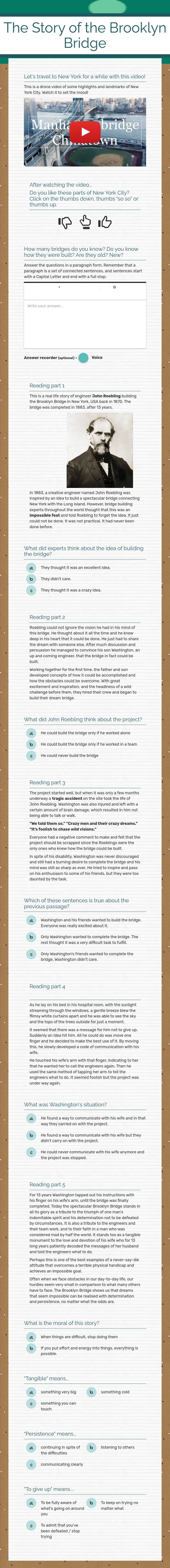 The Story of the Brooklyn Bridge worksheet preview image