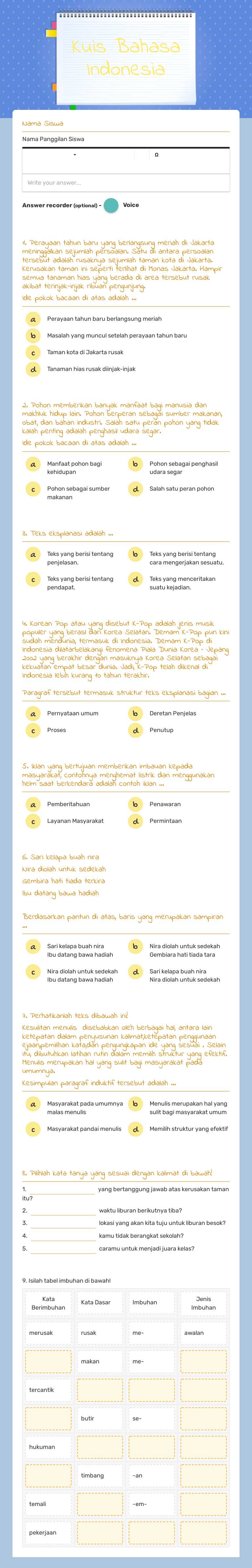 Kuis Bahasa Indonesia worksheet preview image