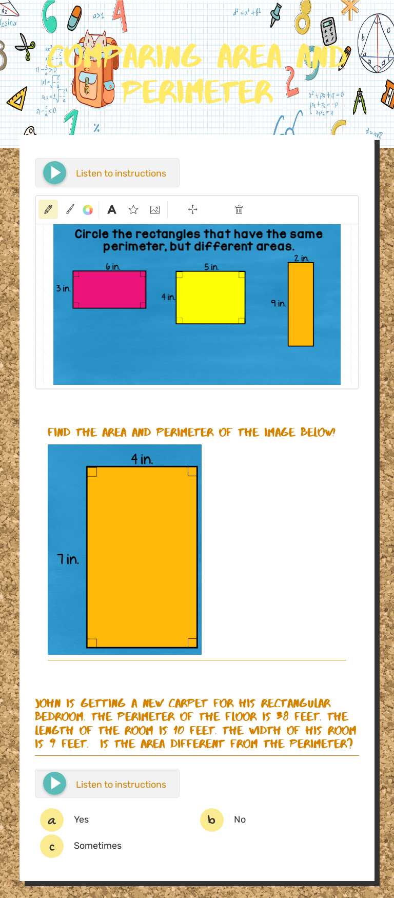 Comparing Area and perimeter Grade 3 worksheet preview