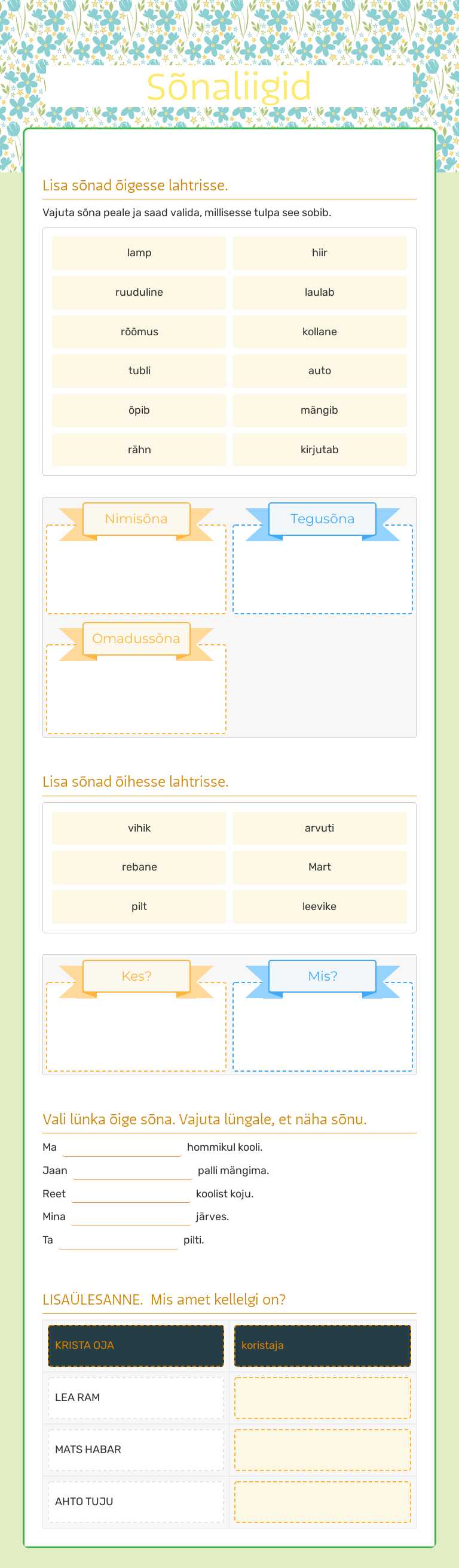 Sõnaliigid worksheet preview image