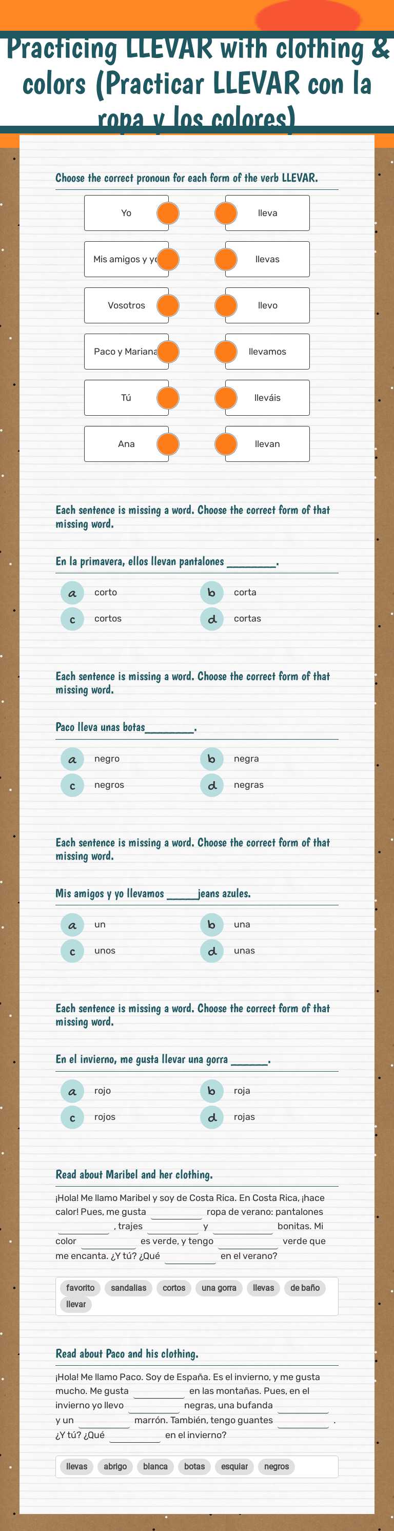 Practicing LLEVAR with clothing & colors
(Practicar LLEVAR con la ropa y los colores) worksheet preview image