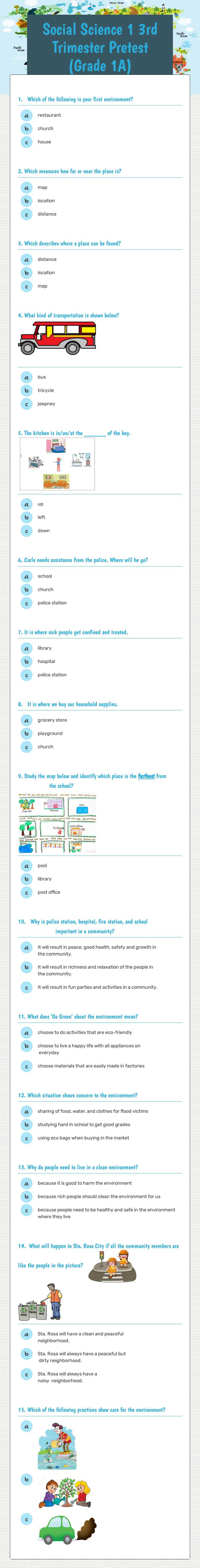 Social Science 1 3rd Trimester  Pretest (Grade 1A) worksheet preview image