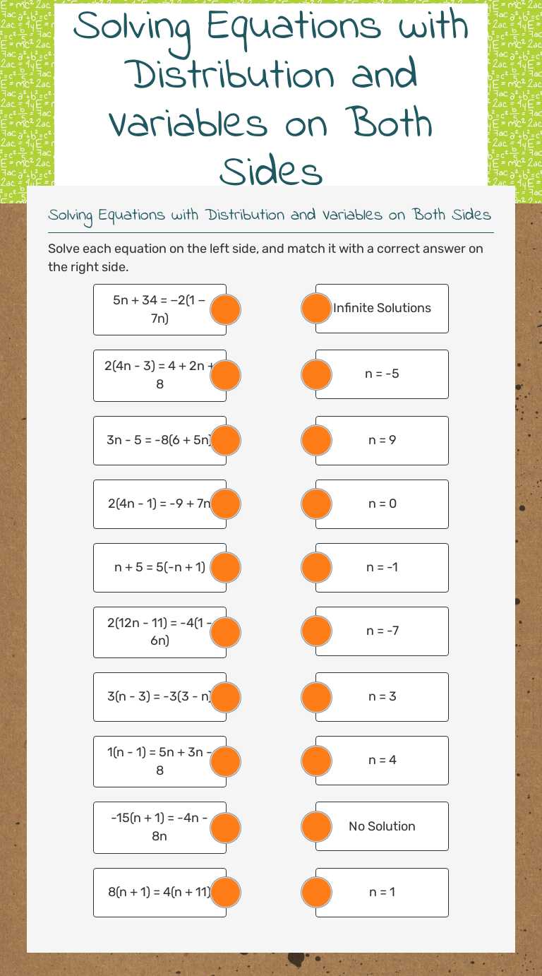 Solving Equations with Distribution and Variables on Both Sides Grade 10 worksheet preview