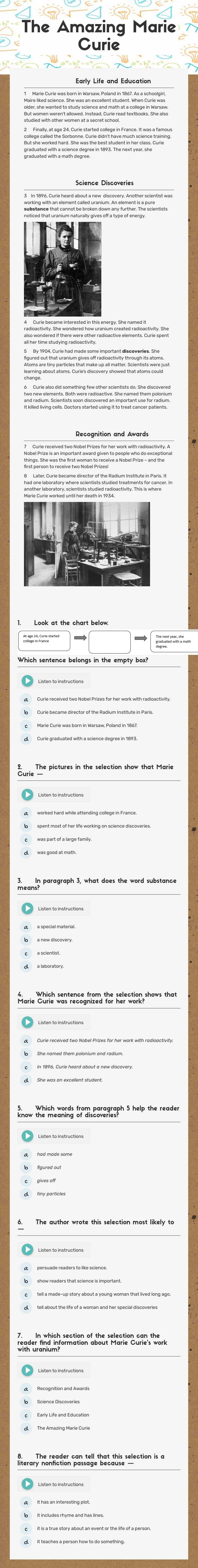 The Amazing Marie Curie Grade 4 worksheet preview