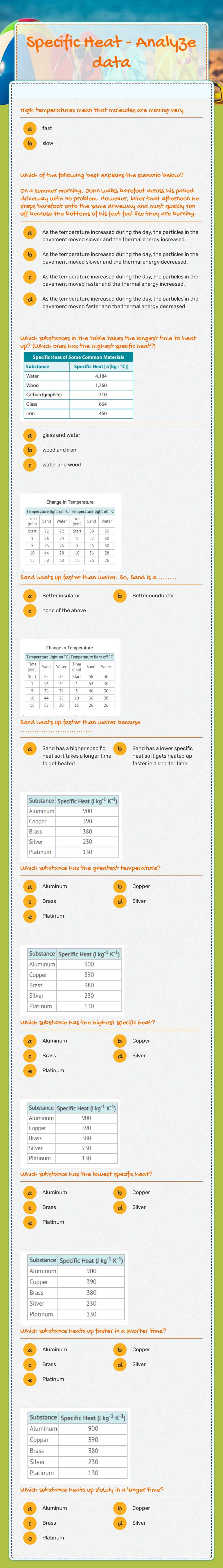 Specific Heat - Analyze data Grade 9 worksheet preview