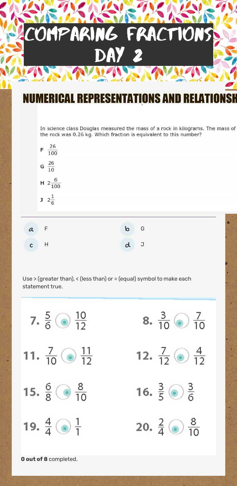Comparing fractions Day 2 Grade 4 worksheet preview