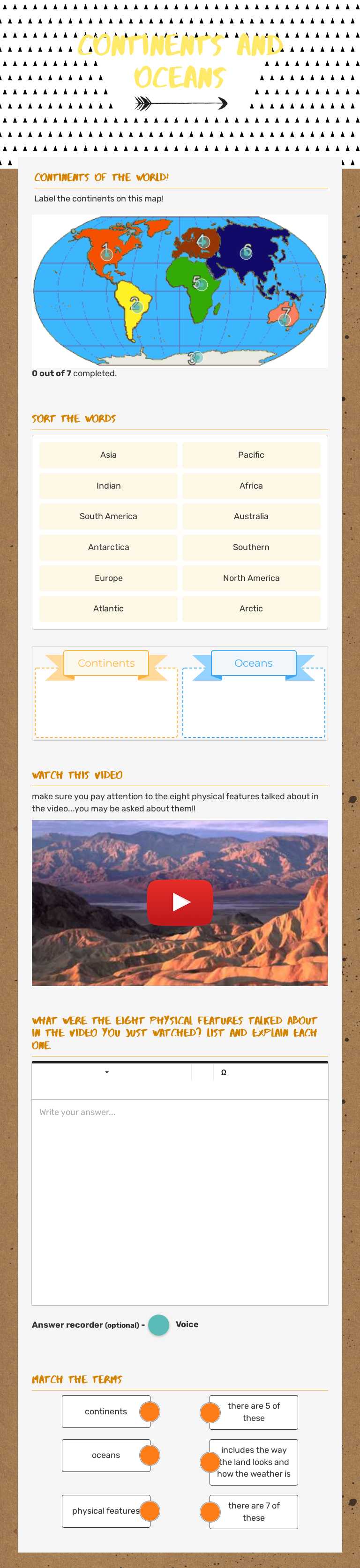 Continents and Oceans worksheet preview image