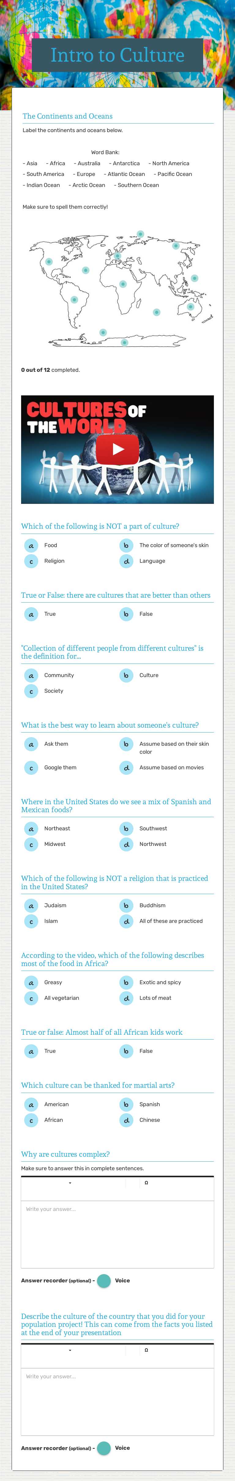 Intro to Culture worksheet preview image