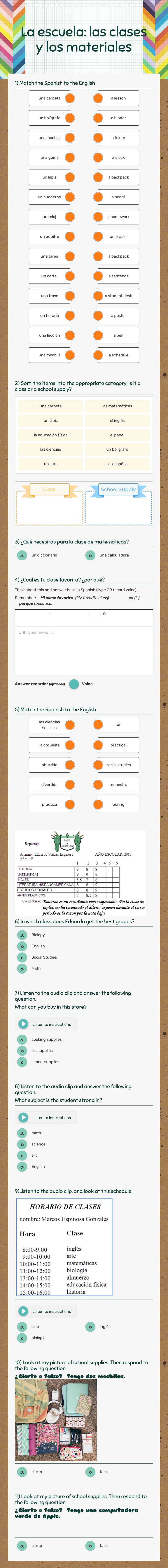 La escuela: las clases y los materiales worksheet preview image