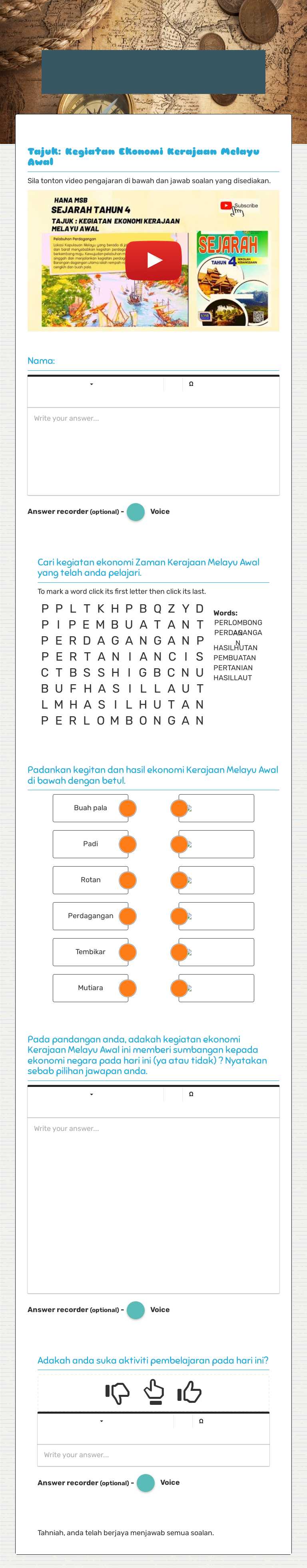 kegiatan ekonomi Kerajaan Melayu Awal di Kepulauan Melayu. worksheet preview image