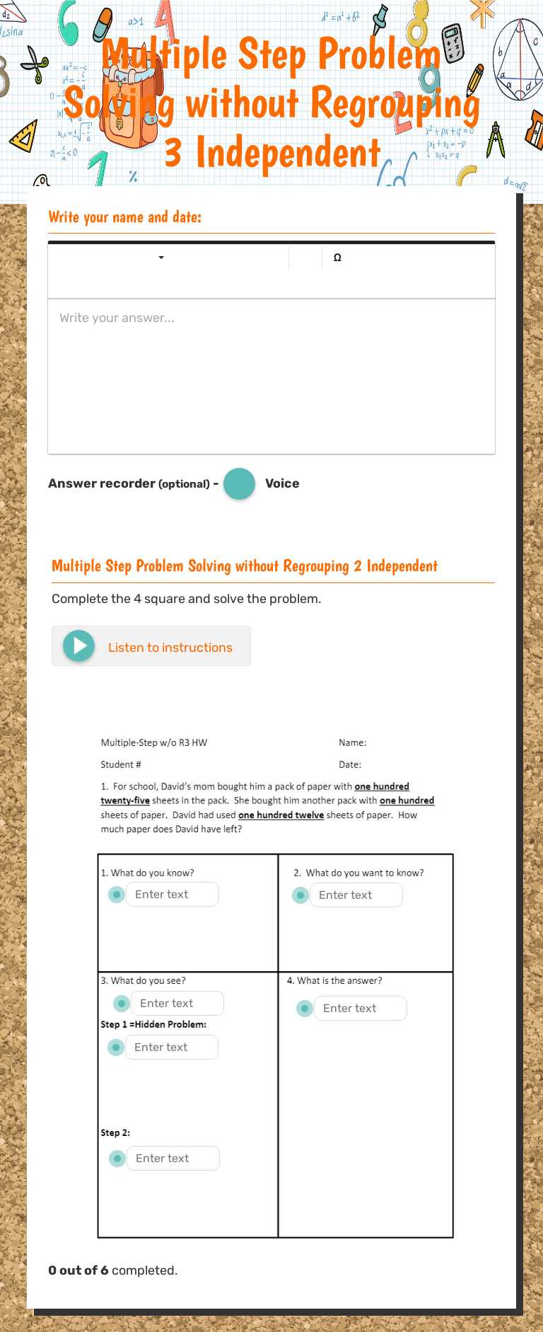 Multiple Step Problem Solving without Regrouping 3 Independent worksheet preview image