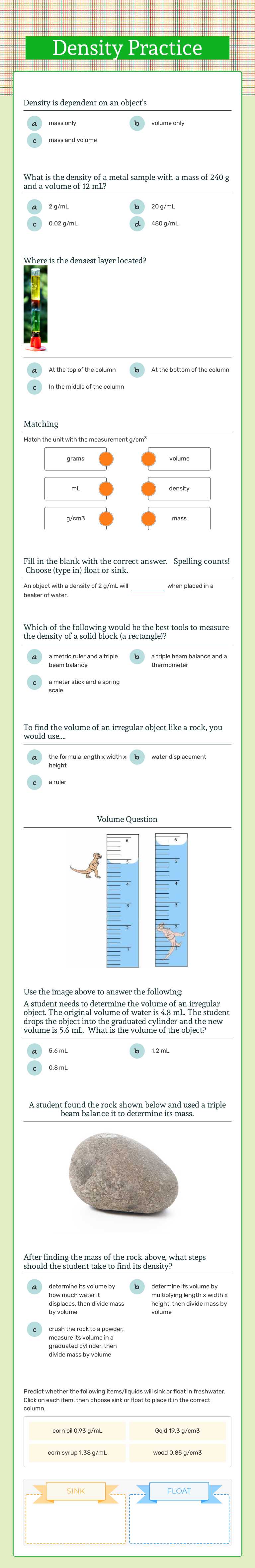 Density Practice worksheet preview image