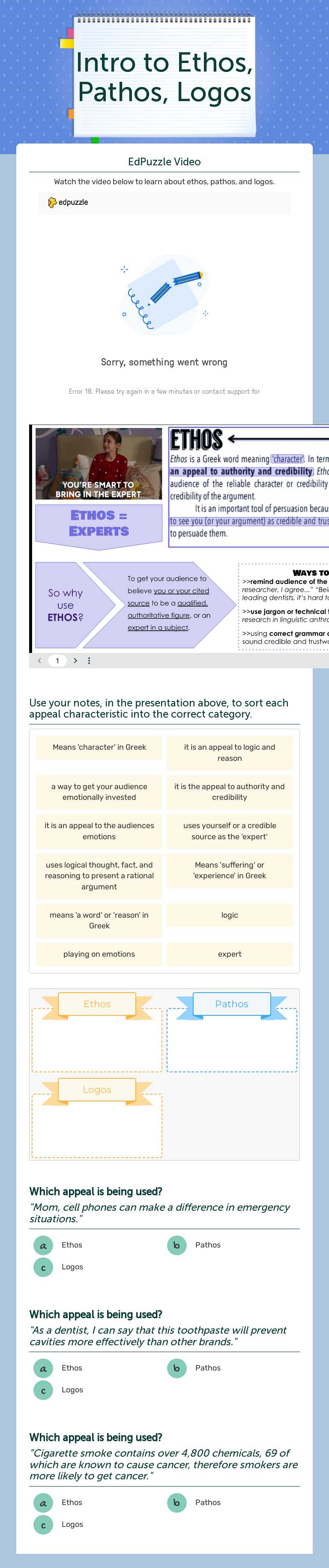 Intro to Ethos, Pathos, Logos Grade 7 worksheet preview