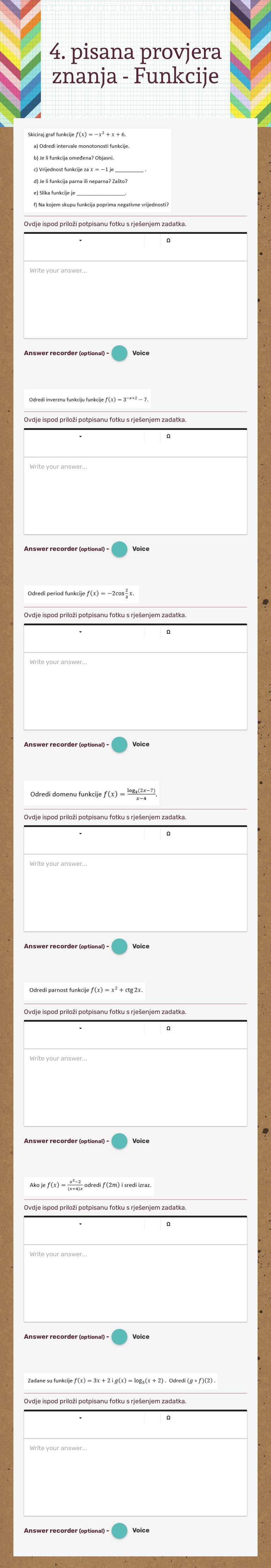4. pisana provjera znanja - Funkcije Other worksheet preview
