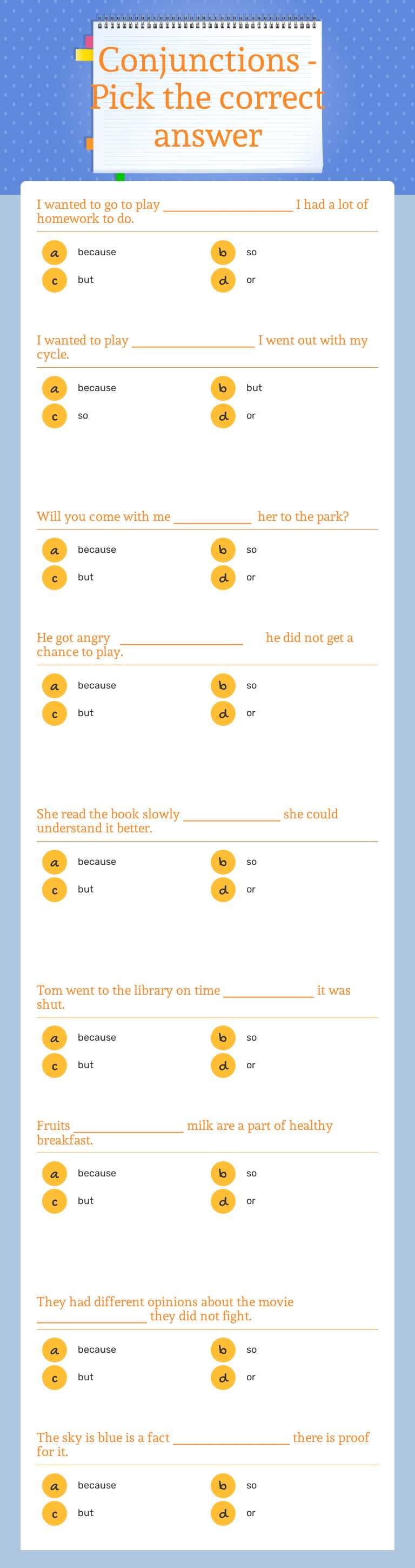 Conjunctions - Pick the correct  answer worksheet preview image