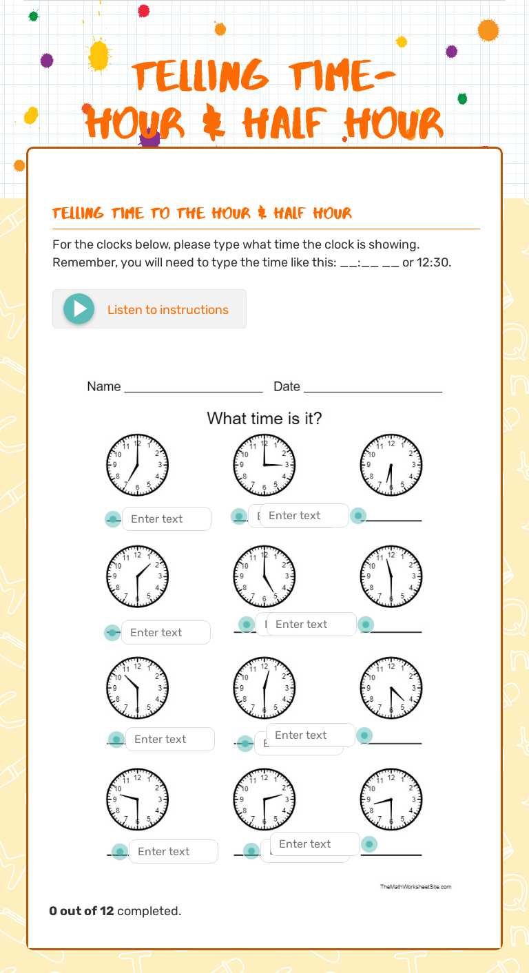 Telling time- Hour & Half Hour Grade 2 worksheet preview