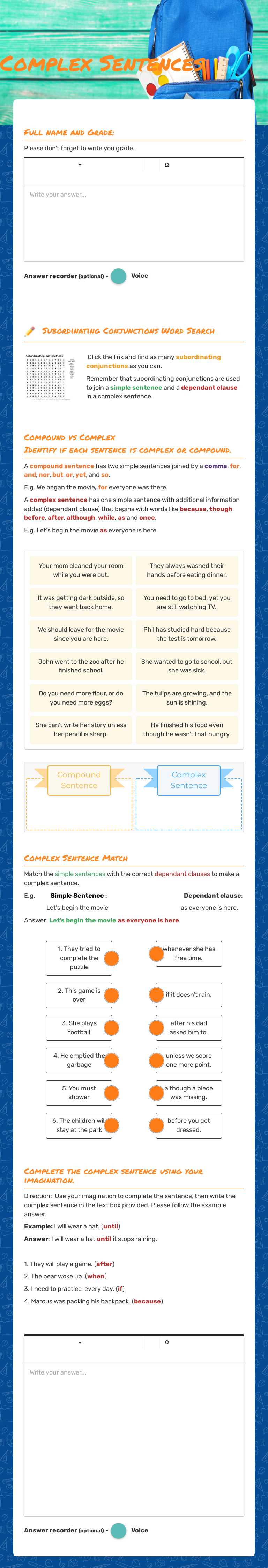 Complex Sentences worksheet preview image