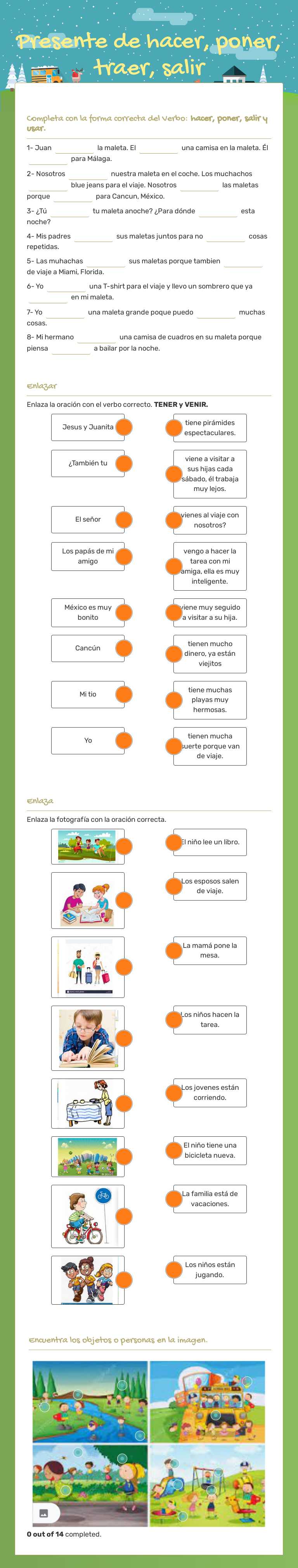 Presente de hacer, poner, traer, salir worksheet preview